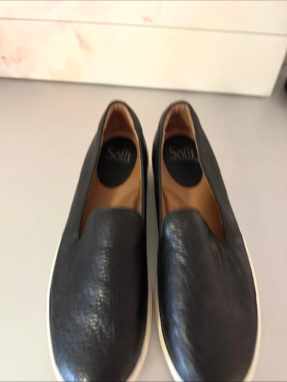 Sofft Black Textured Leather Slip-On Sneakers with White Sole Size 9
